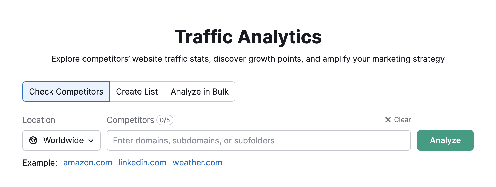 Traffic Analytics starting page in Semrush. Showing where to type in the competitor domain and select location. 